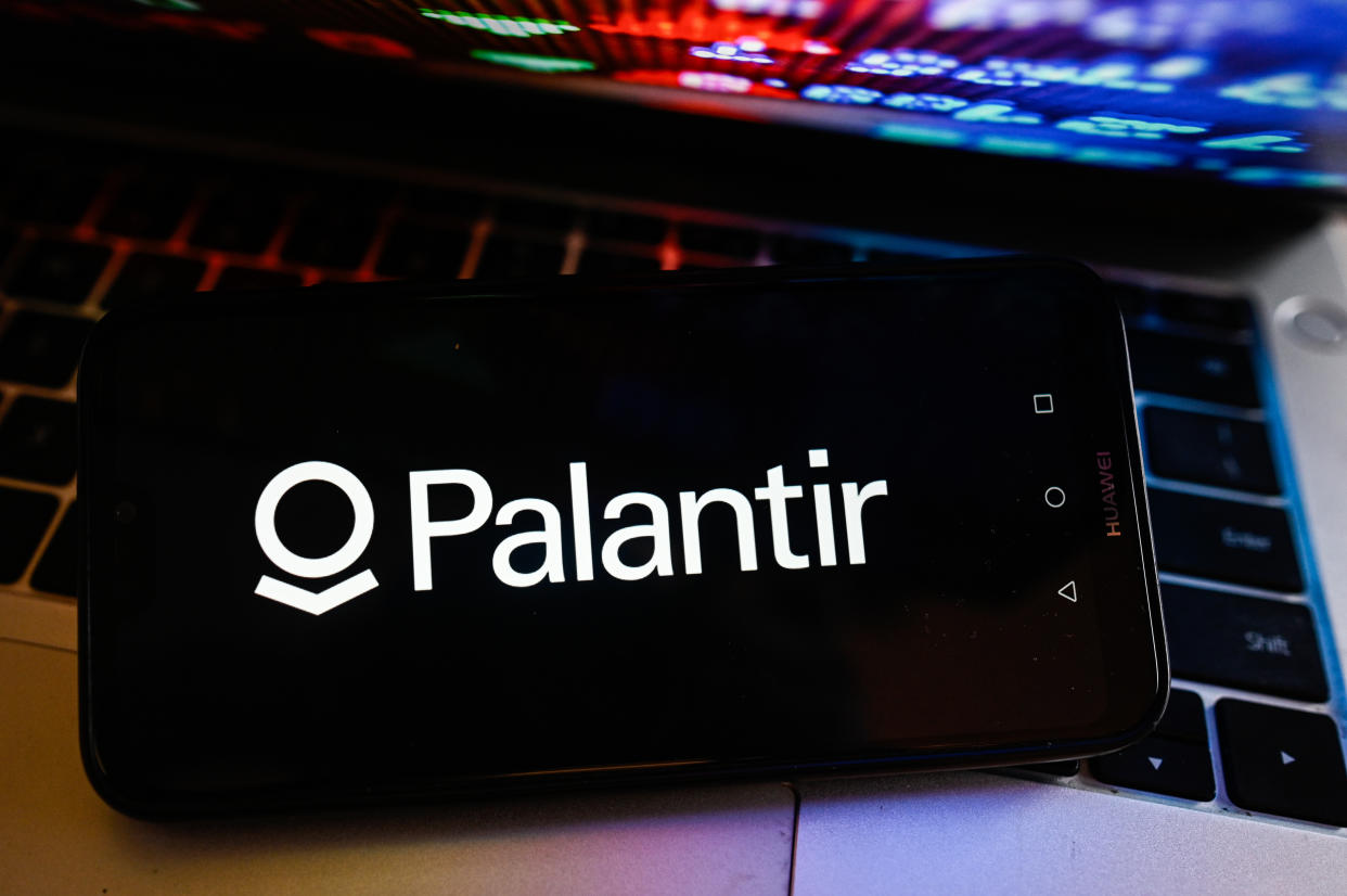 POLAND - 2023/11/03: In this photo illustration a Palantir logo is displayed on a smartphone with stock market percentages on the background. (Photo Illustration by Omar Marques/SOPA Images/LightRocket via Getty Images)