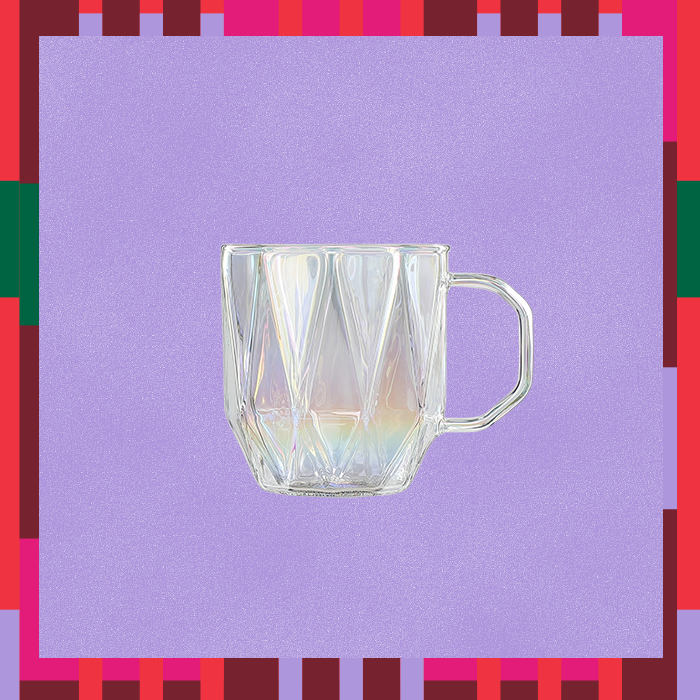 The Geometric Rainbow Glass Mug, part of the Starbucks holiday cup lineup.