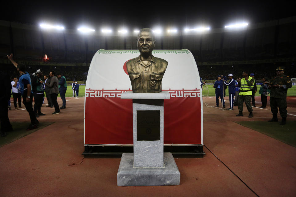 FILE—In this Monday, Oct. 2, 2023, file photo provided by Tasnim News Agency, a statue of slain Iranian general Qassem Soleimani is placed at Naghsh-e-Jahan stadium in the central city of Isfahan, Iran. Iranian soccer team Sepahan was penalized with a 3-0 loss and a fine over a canceled Asian Champions League match against Saudi Arabia's Al Ittihad, Iranian media reported on Thursday, Nov. 2, 2023. (Morteza Salehi, Tasnim News Agency via AP, File)