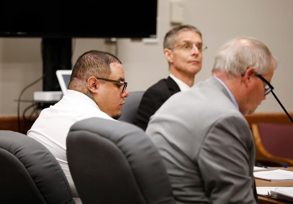 Luis Perez, 27, during a sentencing hearing for the 2018 murders of Steven Marler, Aaron "Joshua" Hampton, and Sabrina Starr and assault of two others. Perez was sentenced to five consecutive life sentences.