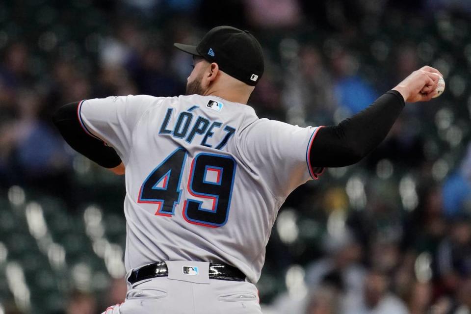 Miami Marlins’ Pablo Lopez pitches during the first inning of a baseball game against the Milwaukee Brewers, Sunday, Oct. 2, 2022, in Milwaukee. (AP Photo/Aaron Gash)