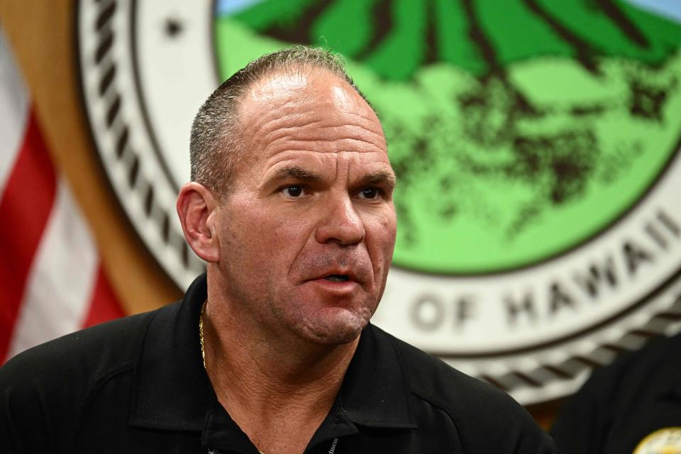 Maui Police Chief John Pelletier speaks during a press conference about the destruction of historic Lahaina and the aftermath of wildfires in western Maui in Wailuku, Hawaii on August 10, 2023. (Photo by Patrick T. Fallon / AFP) (Photo by PATRICK T. FALLON/AFP via Getty Images)