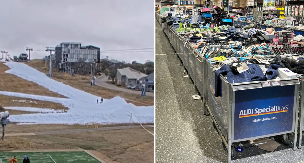 NSW Snowy Mountains with patches of snow and the rest with grass (left). The Aldi store is full of jumpers and warm clothing intended for skiers to purchase (right). 