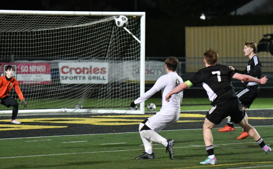 Newbury Park's Dragan Vrataric (7) scores one of his two goals during the Panthers' 2-0 win over Marmonte League champion on Thursday, Feb. 1, 2024. The Panthers clinched third place to automatically qualify for the CIF-SS playoffs.