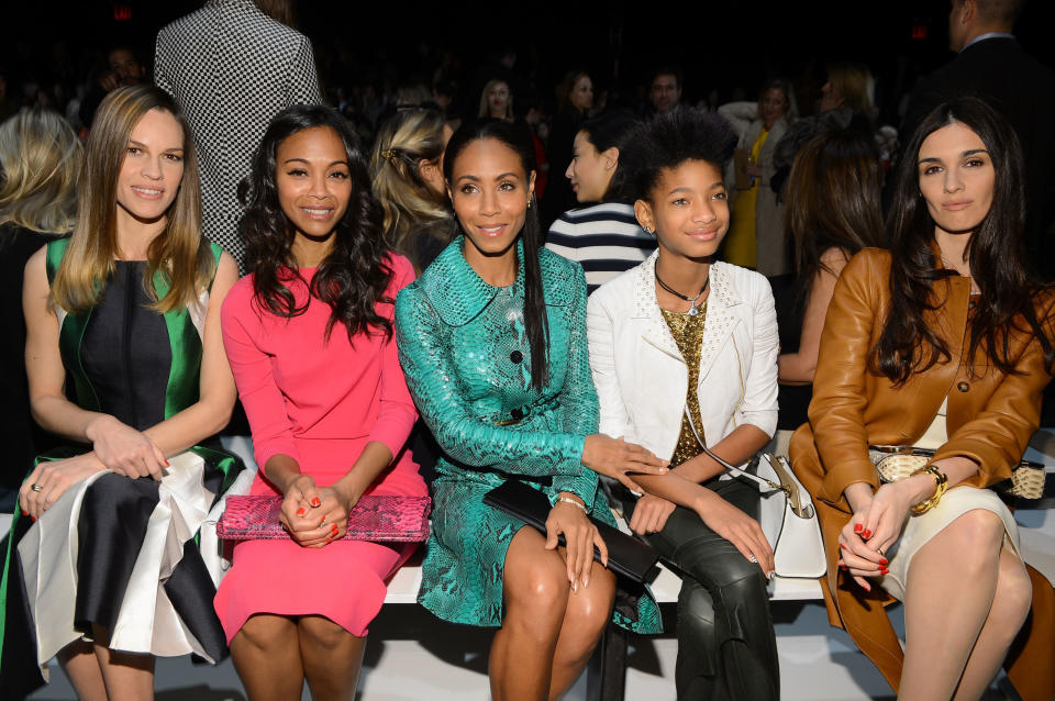 NEW YORK, NY - FEBRUARY 13:  (L-R) Hilary Swank, Zoe Saldana, Jada Pinkett Smith, Willow Smith and Paz Vega attend the Michael Kors Fall 2013 fashion show during Mercedes-Benz Fashion Week at The Theatre at Lincoln Center on February 13, 2013 in New York City.  (Photo by Larry Busacca/Getty Images for Michael Kors)