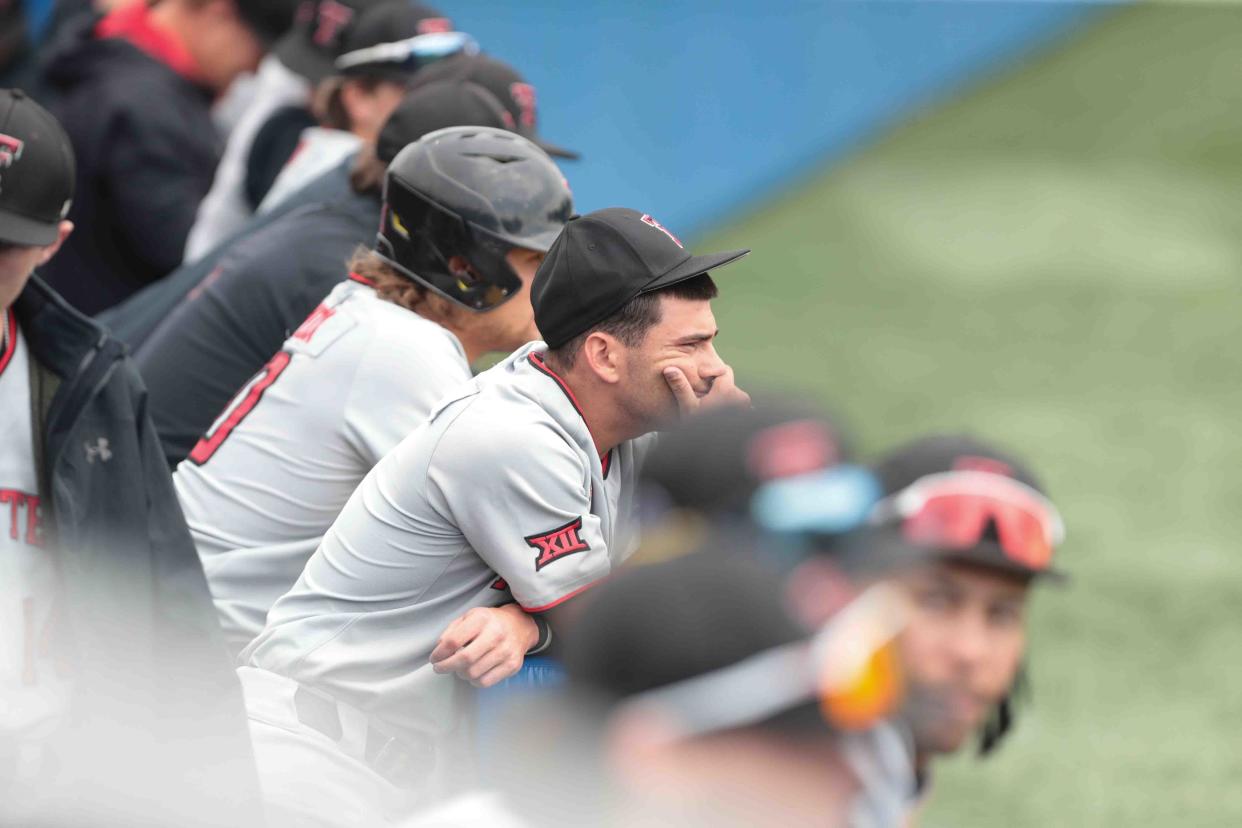 Texas Tech players watch from the dugout during the Red Raiders' 7-3 loss Sunday at Kansas. Tech hosts UT-Rio Grande Valley in a non-conference game at 6:30 p.m. Tuesday.