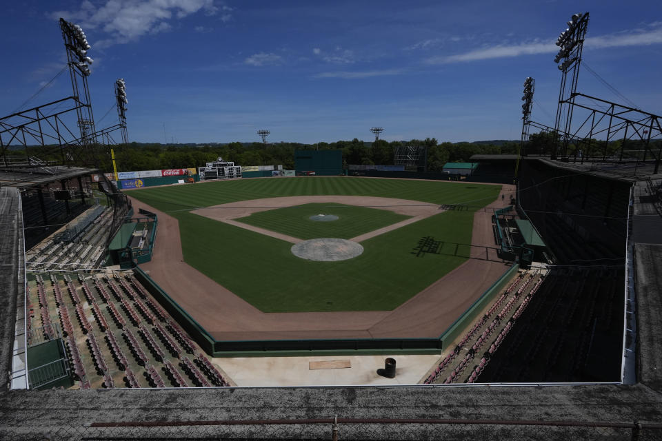 Rickwood Field is seen from the roof, Monday, June 10, 2024, in Birmingham, Ala. Rickwood Field, known as one of the oldest professional ballpark in the United States and former home of the Birmingham Black Barons of the Negro Leagues, will be the site of a special regular season game between the St. Louis Cardinals and San Francisco Giants on June 20, 2024. (AP Photo/Brynn Anderson)