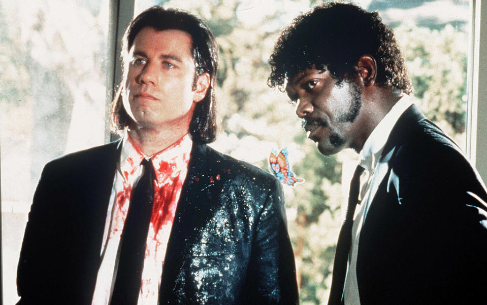 <a href="http://movies.yahoo.com/movie/pulp-fiction/" data-ylk="slk:PULP FICTION;elm:context_link;itc:0;sec:content-canvas" class="link ">PULP FICTION</a> (1994) <br>Directed by: <span>Quentin Tarantino</span> <br>Starring: <span>John Travolta</span>, <span>Samuel L. Jackson</span> and <span>Uma Thurman</span>