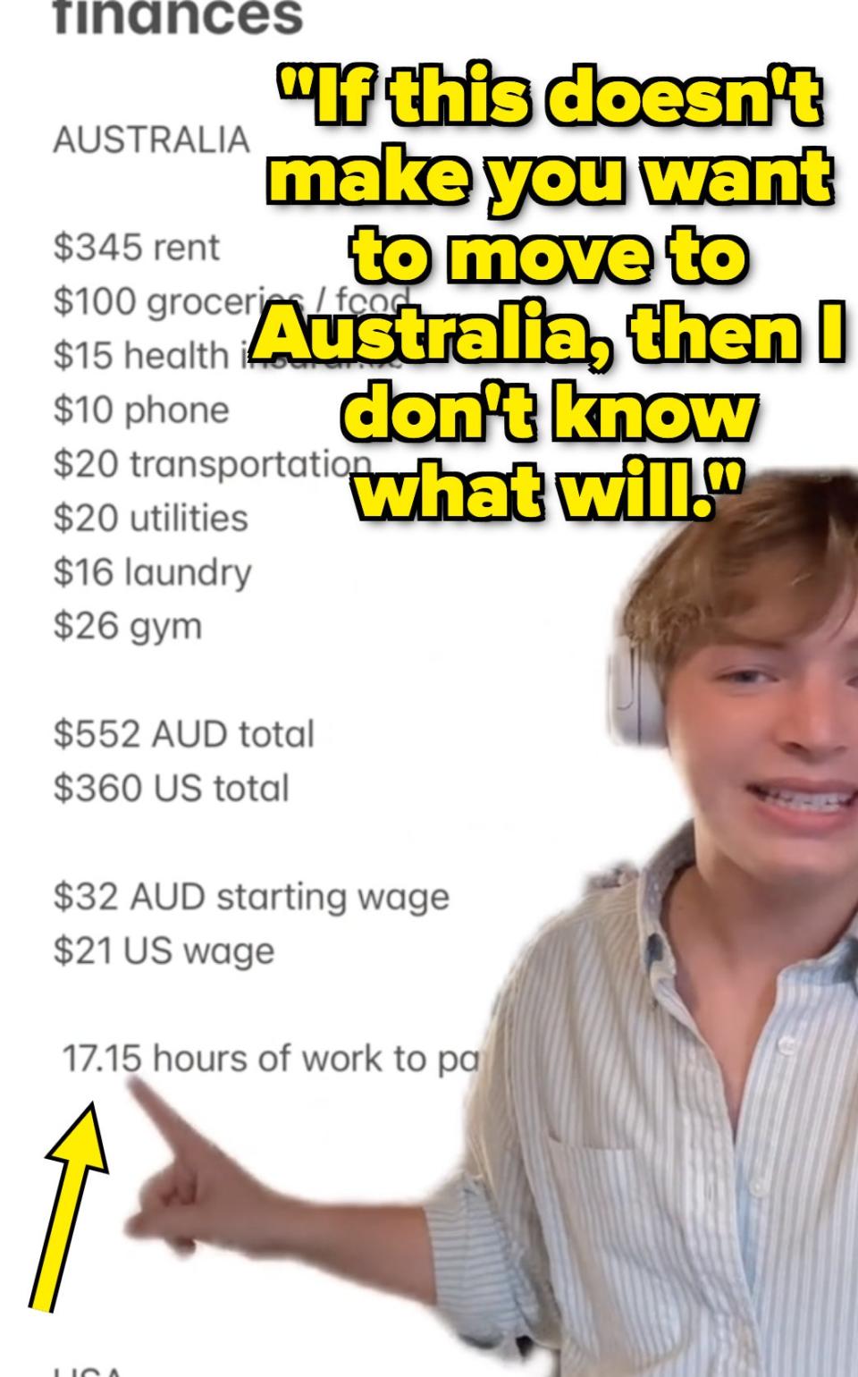 Person presenting a comparison chart of living costs between Australia and USA