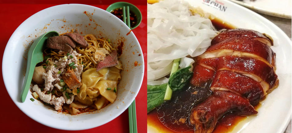 Dishes from Singapore’s Michelin-starred hawkers, Hill Street Tai Hwa Pork Noodle and Liao Fan Hong Kong Soya Sauce Chicken Rice and Noodle. (PHOTOS: Reuters, Liao Fan Hawker Chan/Facebook)