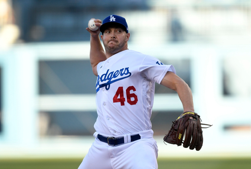 LOS ANGELES, CA - AUGUST 28: Pitcher Corey Knebel #46 of the Los Angeles Dodgers throws a pitch.