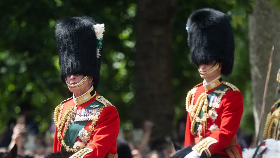 LONDON, ENGLAND - JUNE 02: Prince Charles, Prince of Wales and Prince William, Duke of Cambridge during Trooping The Colour, the Queen's annual birthday parade, on June 02, 2022 in London, England.Trooping The Colour, also known as The Queen's Birthday Parade, is a military ceremony performed by regiments of the British Army that has taken place since the mid-17th century. It marks the official birthday of the British Sovereign. This year, from June 2 to June 5, 2022, there is the added celebration of the Platinum Jubilee of Elizabeth II in the UK and Commonwealth to mark the 70th anniversary of her accession to the throne on 6 February 1952. ( (Photo by Samir Hussein/WireImage)
