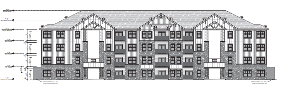 Site elevation renderings for The Apex at Brevard, a new 197-unit multi-family development approved just off of Brevard Road.