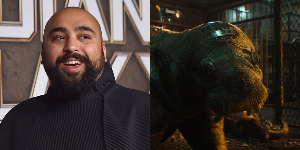 On the left: Asim Chaudhry at the LA premiere of "Guardians of the Galaxy Vol. 3." On the right: Teefs, voiced by Chaudry, in "Guardians of the Galaxy Vol. 3."