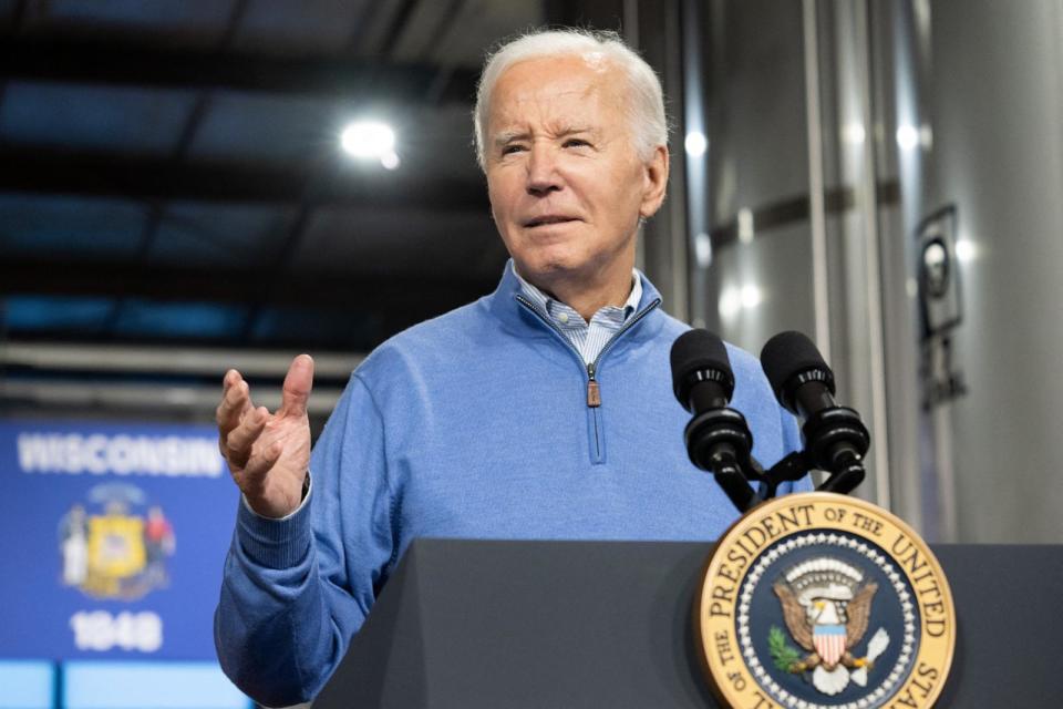 PHOTO: President Joe Biden speaks about his Investing in America and Bipartisan Infrastructure plans at Earth Rider Brewery in Superior, Wis., Jan. 25, 2024. (Saul Loeb/AFP via Getty Images)