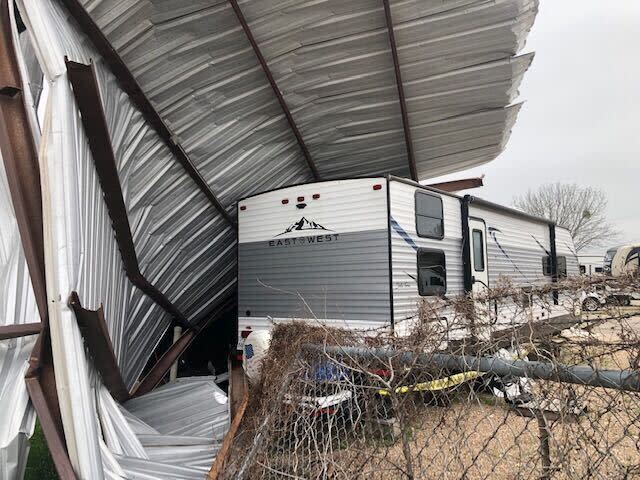 The Central Power Systems and Services building in Hutto, Texas, sustains wind damage on March 15, 2024. (KXAN Photo/Ed Zavala)