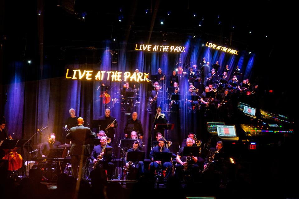 A triple in-camera exposure as the Holland Concert Jazz Orchestra plays for a crowded venue Sunday, Feb. 5, 2023, at Park Theatre in Holland.