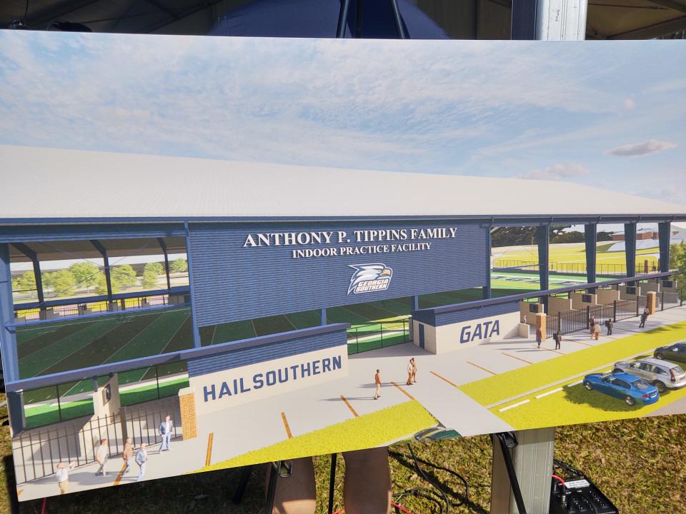 A photograph of an artist rendering of the Anthony P. Tippins Family Indoor Practice Facility to be constructed next to Paulson Stadium on the Georgia Southern University campus in Statesboro.