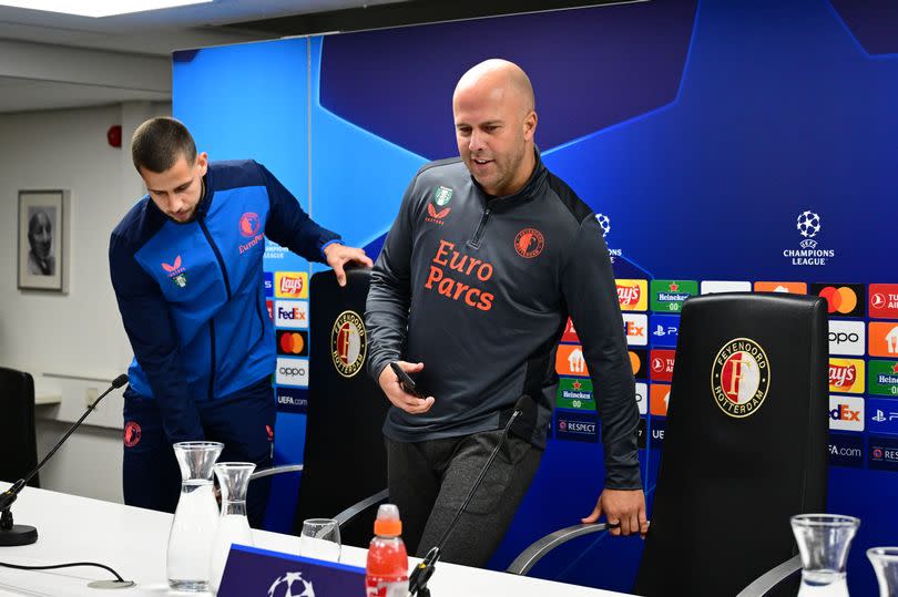 Coach of Feyenoord Arne Slot, David Hancko during the MD-1 press conference prior to the UEFA Champions League match against SS Lazio Roma at Feyenoord Stadion de Kuip on October 24, 2023 in Rotterdam, Netherlands.