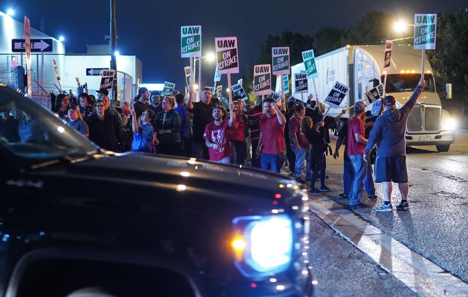 Workers leave Flint Assembly plant early Monday, September 16, 2019 while taking part in a national strike against General Motors after stalled contract negotiations with General Motors.
The workers are on the first national UAW strike since 2007.