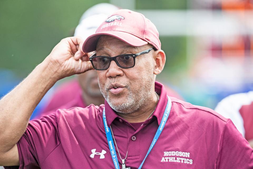 Hodgson Vo Tech Silver Eagles head coach Frank Moffett, Jr. reacts during the football game against the Dover High School Senators at Hodgson in Glasgow, Saturday, Sept. 10, 2022. Dover won 34-7.