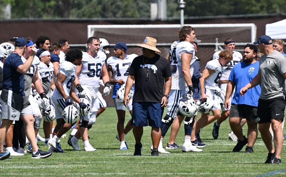 BYU football coach Kalani Sitake looks around as he walks off the field following practice in Provo on Tuesday, Aug. 8, 2023. The BYU coach is very respectful of the Cougars’ opening game opponent, Sam Houston. | Scott G Winterton, Deseret News