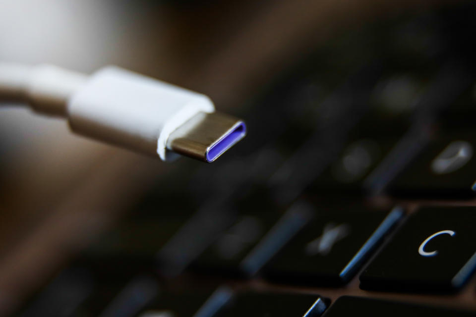 USB-C connector is seen in this illustration photo taken in Poland on December 1, 2020. (Photo by Jakub Porzycki/NurPhoto via Getty Images)