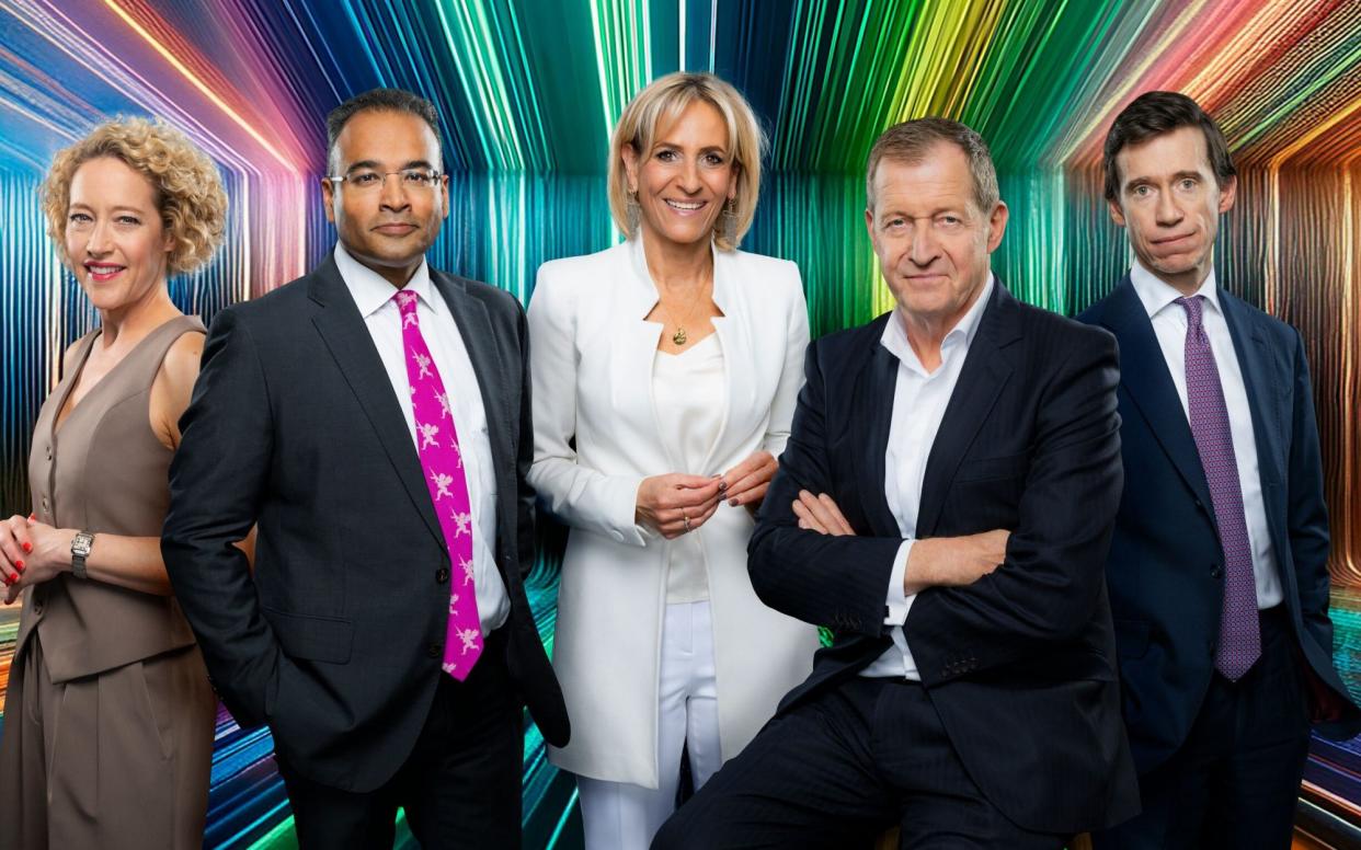 (Left to right) Cathy Newman, Krishnan Guru-Murthy, Emily Maitliss, Alastair Campbell and Rory Stewart covered the results for Channel 4