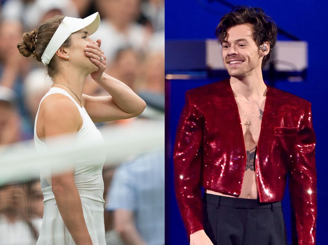 Elina Svitolina celebrates her Wimbledon quarterfinal victory (left). Harry Styles performs during The BRIT Awards 2023.