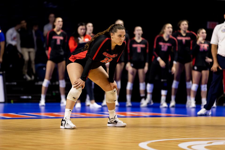 Georgia Bulldogs outside hitter Kacie Evans (23) waits for the serve during the first set against the Florida Gators at Exactech Arena at the University of Florida in Gainesville, FL on Wednesday, October 19, 2022. [Matt Pendleton/Gainesville Sun]