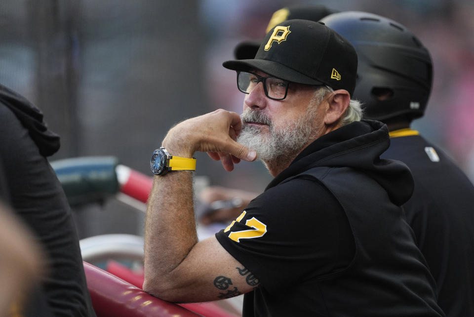 Pittsburgh Pirates manager Derek Shelton watches as his team plays Atlanta Braves in a baseball game Friday, June 28, 2024, in Atlanta. (AP Photo/John Bazemore)