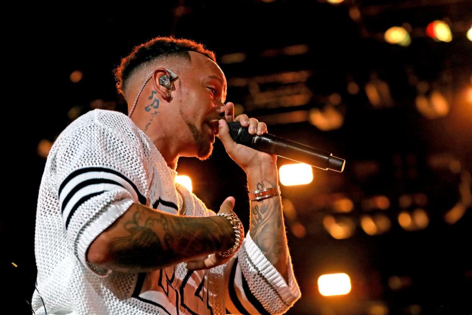 Kane Brown gives a headlining performance on the Mane Stage during Stagecoach country music festival at the Empire Polo Club in Indio, Calif., Saturday, April 29, 2023.