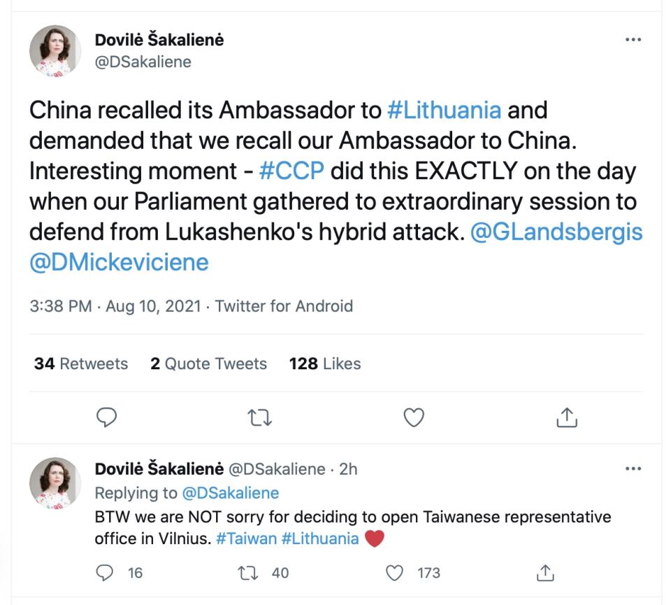 立陶宛國會議員發文聲援台灣。（圖／翻攝自@DSakaliene推特）
