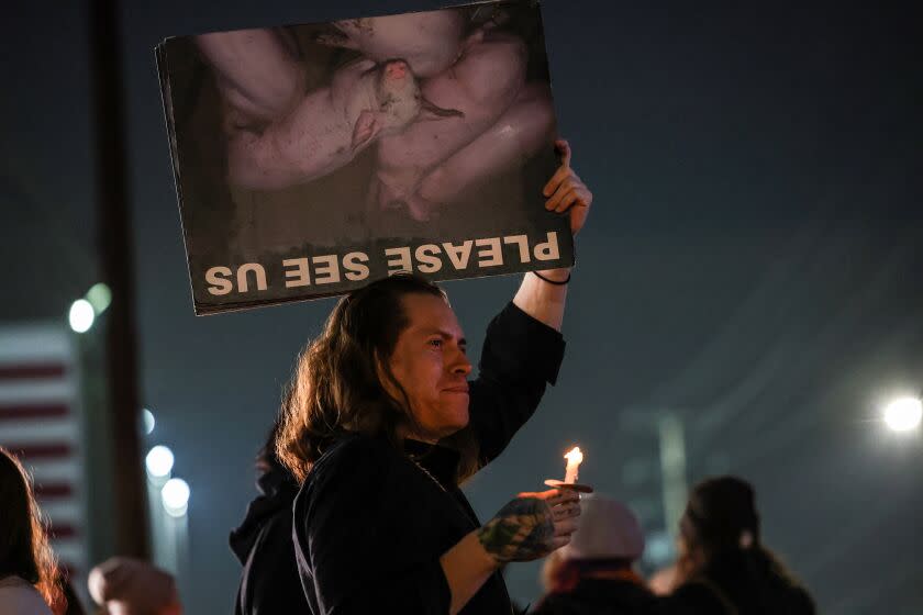 Vernon, CA, Thursday, February 2, 2023 - Bernie Estrada joins hundreds of other protesters outside the Farmer John meat processing plant on Vernon Ave, After years of weekly vigil's, activists gather one last time outside Farmer John meat processing plant the last day it was to take delivery of pigs for slaughter. (Robert Gauthier/Los Angeles Times)