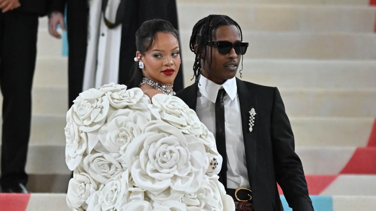 new york, ny may 1 asap rocky and rihanna are seen at the 2023 met gala celebrating karl lagerfeld a line of beauty at the metropolitan museum of arton may 1, 2023 in new york city photo by ndzstar maxgc images