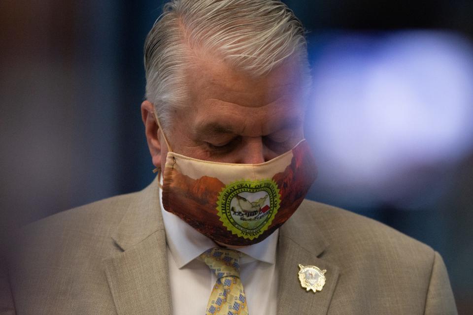 Governor Steve Sisolak during a press conference on Monday, Aug. 3, 2020 in the former Assembly chambers inside the Capital in Carson City.