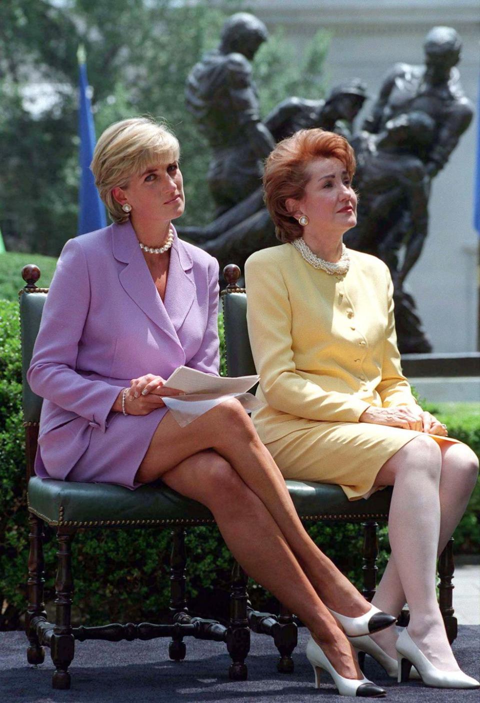 washington, united states   june 17  diana, princess of wales, making an anti landmines speech at the red cross headquarters in washington with elizabeth dole  photo by tim graham photo library via getty images