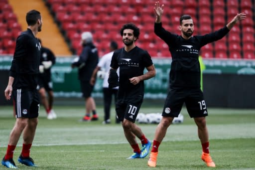 Mohamed Salah trained with his Egypt teammates, still nursing a shoulder injury