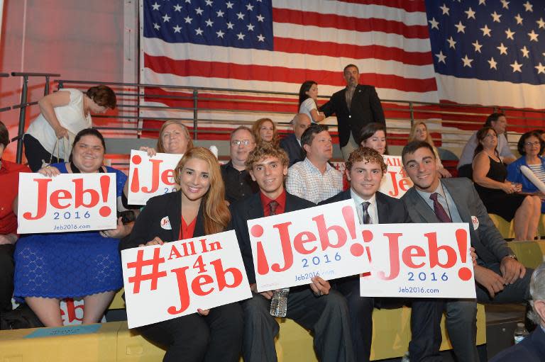Supporters attend an event to hear former Republican Governor of Florida Jeb Bush's announcement of his candidacy for the 2016 Presidential elections at Miami-Dade College–Kendall Campus in Miami on June 15, 2015