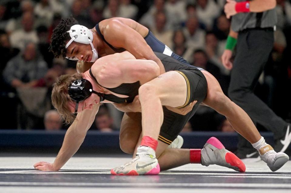 Penn State’s Carter Starocci avenged his only other collegiate loss on Sunday to Indiana’s DJ Washington, not pictured.