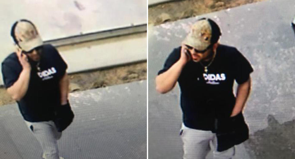 Police say they are searching for this man believed to be Caucasian, with light olive skin, wearing a black t-shirt with white motif on the front, a khaki coloured baseball cap, sunglasses, grey tracksuit pants and white runners. Image: Victoria Police