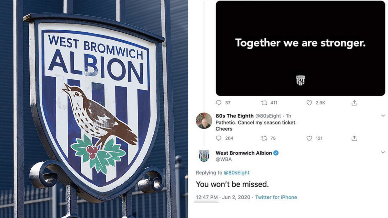 West Brom was applauded for savaging one of their fans on Twitter after backlash to their 'Black Out Tuesday' support. (Twiitter)