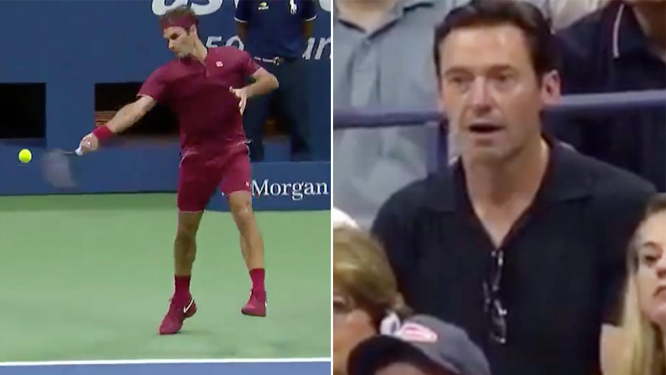 Hugh couldn’t believe what he was seeing from Federer. Image: Twitter/US Open