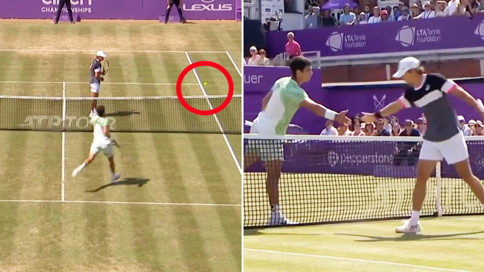 Alex de Minaur hits a drop volley shot at Queen's and De Minaur and Alcaraz high-five.