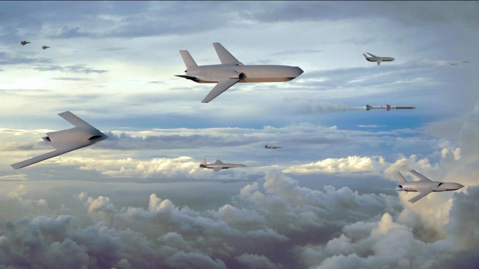 An artist’s rendition of Collaborative Combat Aircraft in action. <em>General Atomics</em>