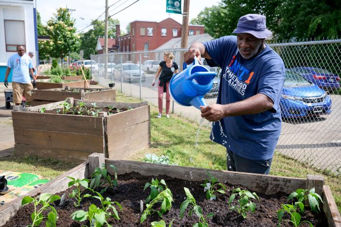 Member of 2Not1 Fatherhood and Families waters freshly planted vegetables