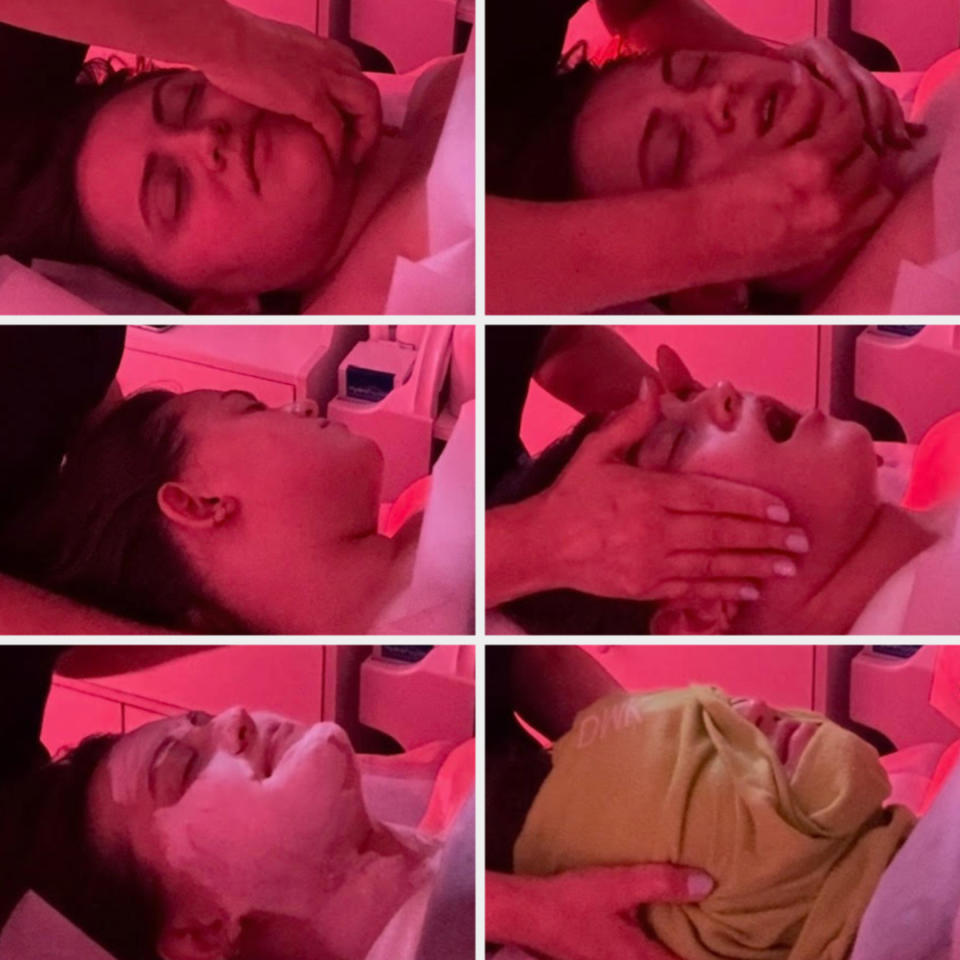 A woman receives different stages of a facial treatment, including cleansing and a warm towel