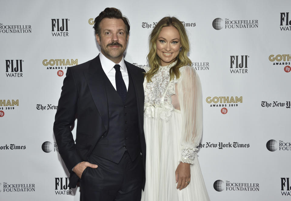 Jason Sudeikis, left, and Olivia Wilde attend the Independent Filmmaker Project's 29th annual IFP Gotham Awards at Cipriani Wall Street on Monday Dec. 2, 2019, in New York. (Photo by Evan Agostini/Invision/AP)