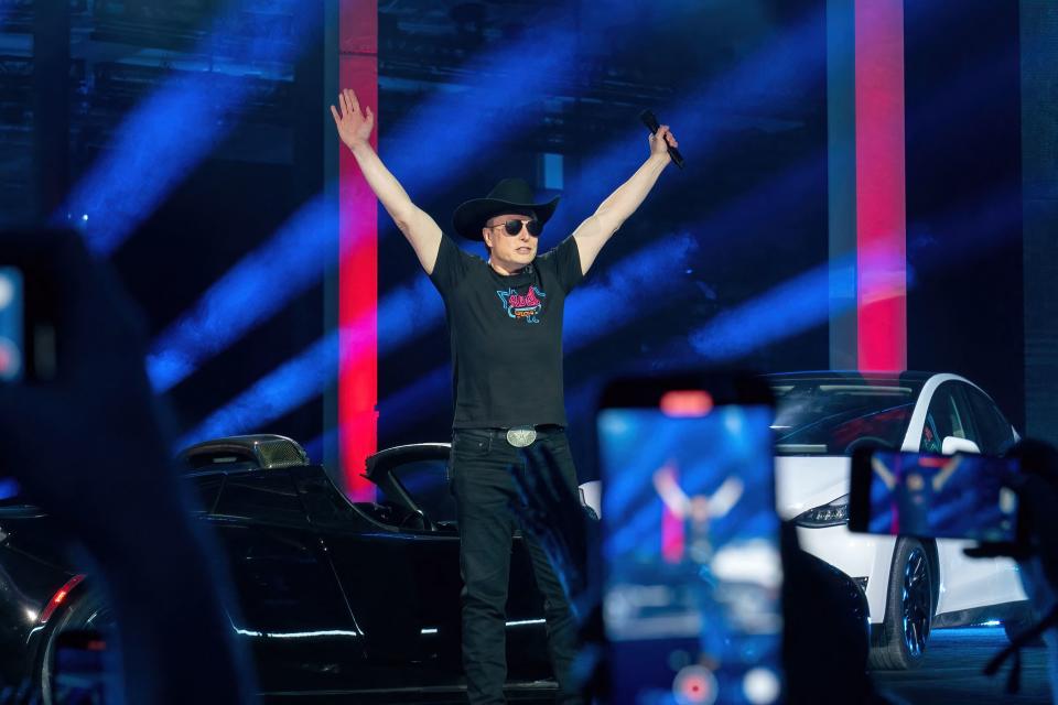 Elon Musk TOPSHOT - CEO of Tesla Motors Elon Musk speaks at the Tesla Giga Texas manufacturing 