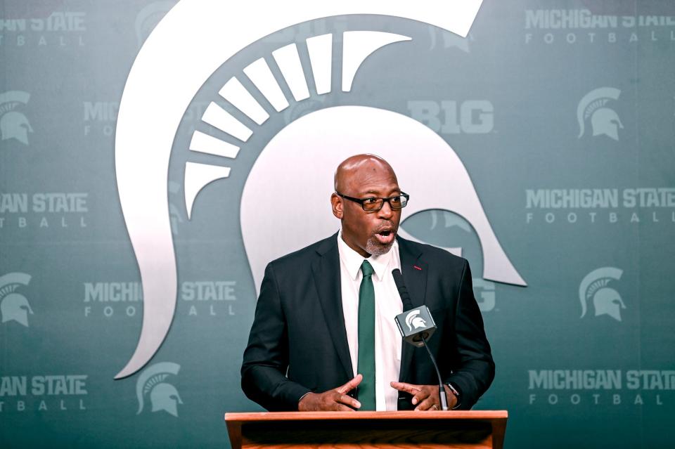 Michigan State football's acting head coach Harlon Barnett speaks during his first press conference since taking over for suspended coach Mel Tucker on Tuesday, Sept. 12, 2023, at Spartan Stadium in East Lansing.
